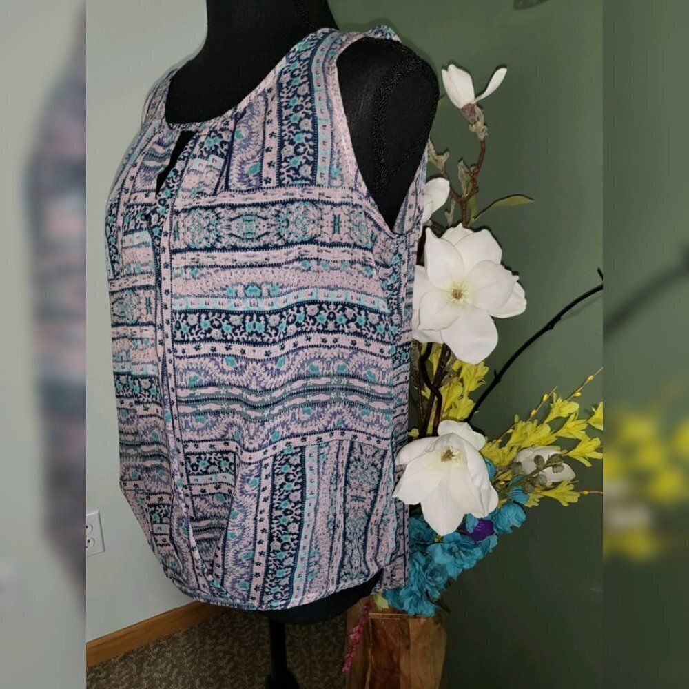 Daisy Fuentes Small S Tank Top Sheer Keyhole High Low Blouse Flowy